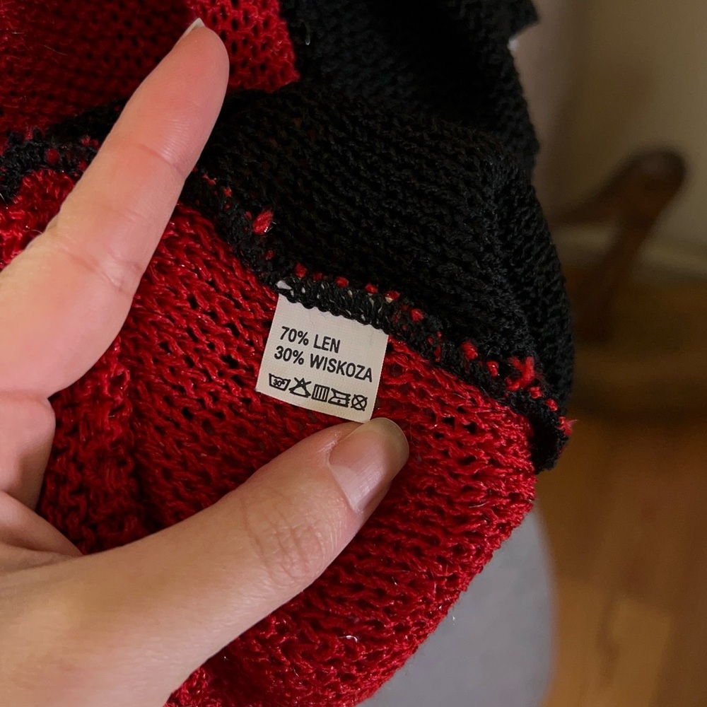 Vintage Red and Black Asymmetrical color block Linen Knit Sheer Mesh Top - Picture 7 of 8